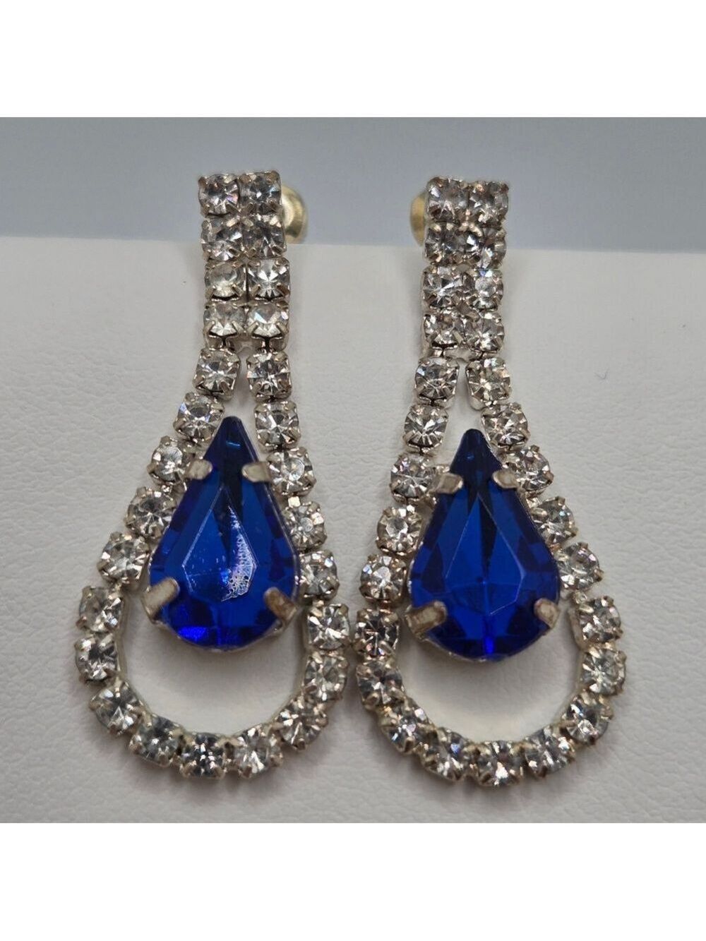 Sapphire Blue Clear Crystal Teardrop Dangle Earrings Wedding Bridal Sparkly 1.25